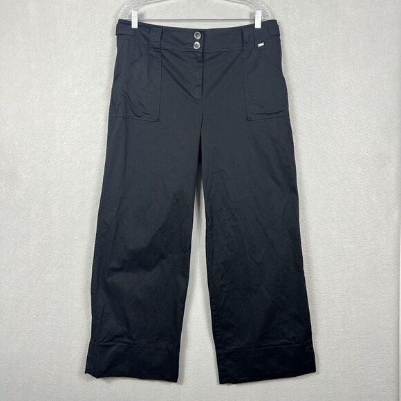 ST. JOHN Pants Size 14 Black High rise Wide Leg Rolled Cuff Carpenter - Picture 2 of 16